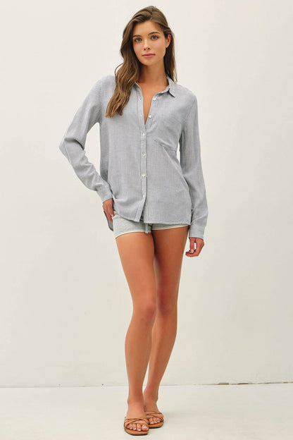 LINEN BLENDED STRIPE BUTTON DOWN