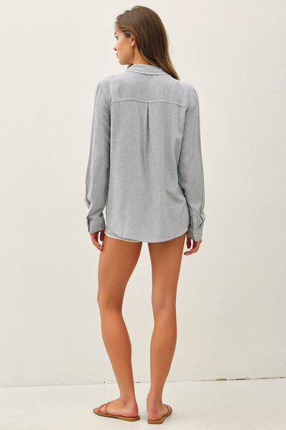 LINEN BLENDED STRIPE BUTTON DOWN