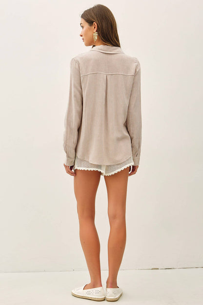 LINEN BLENDED STRIPE BOXY SHIRT-MOCHA